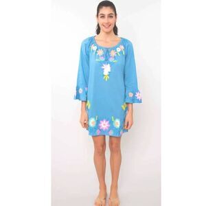 Debbie Katz South Beach Blue Violetta Embroidered Floral Tunic 100% Cotton Sz S